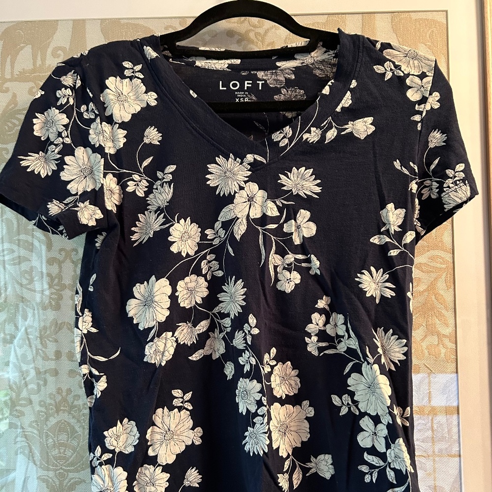 Loft Navy & White Floral V Neck T-Shirt